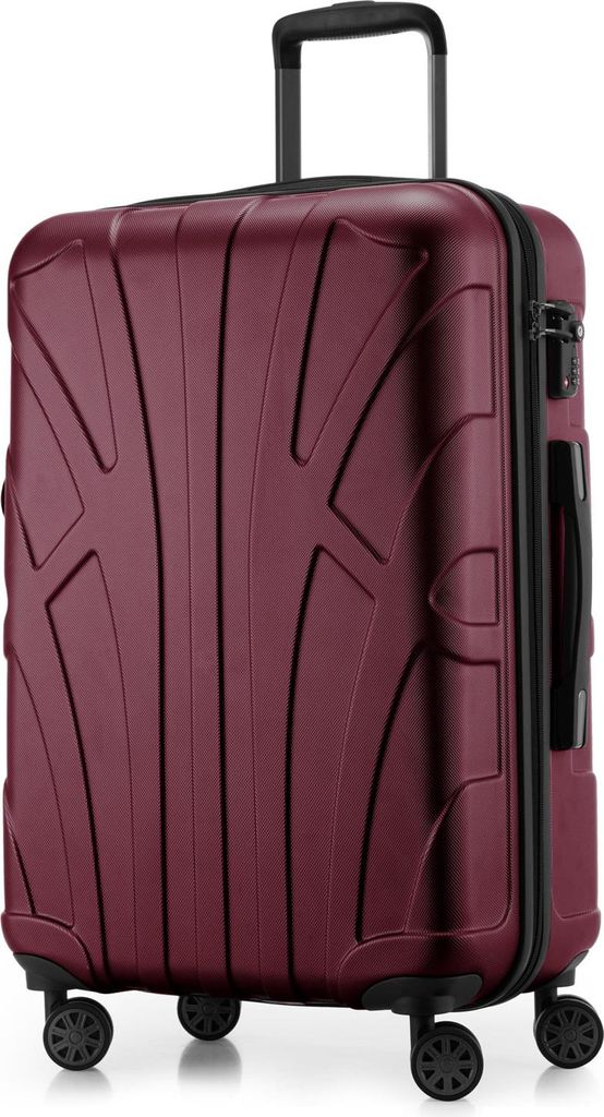 A burgundy suitcase on a white background.