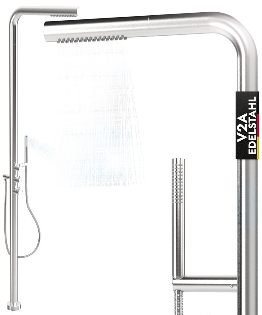 A stainless steel outdoor shower with a hand shower attachment.