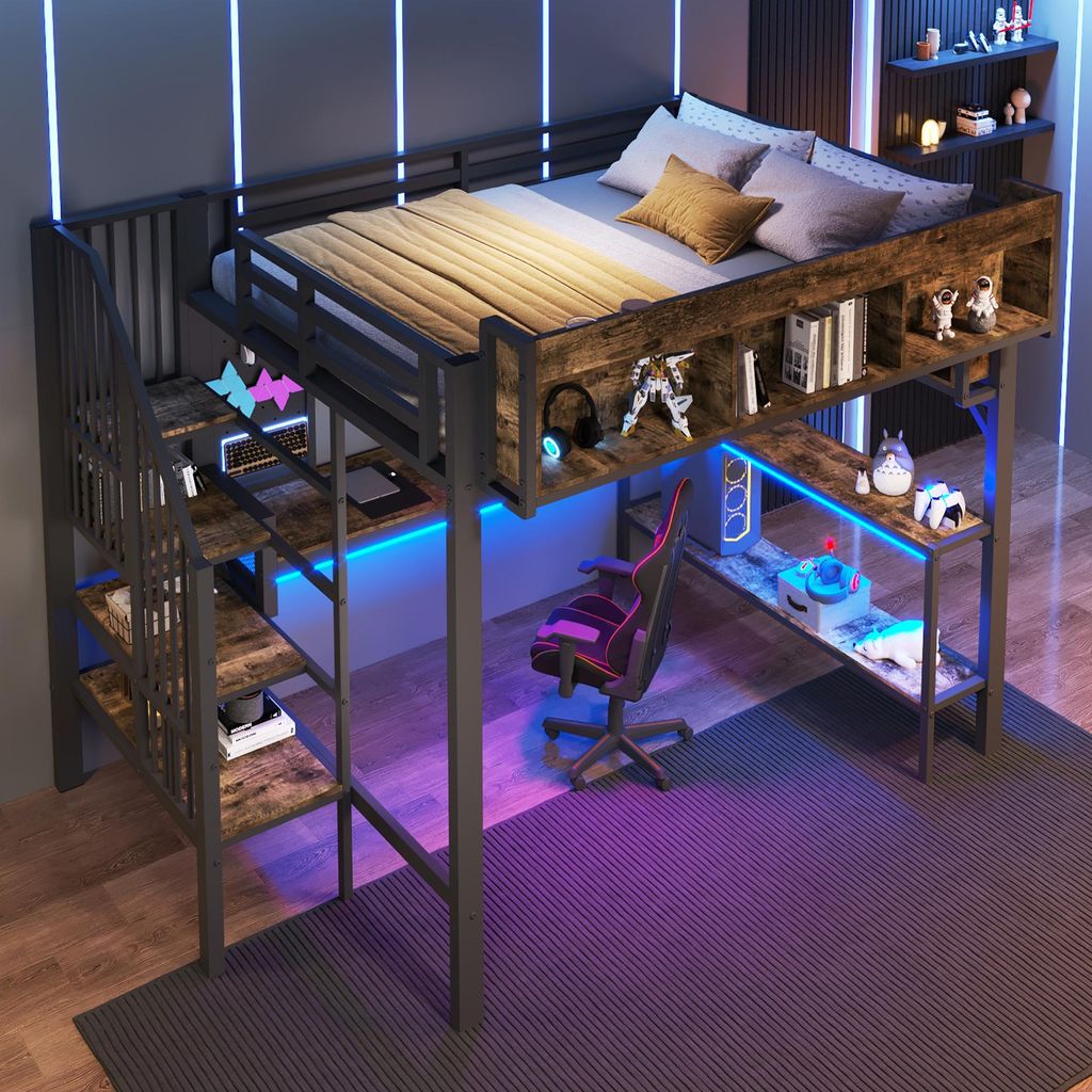 Hochbett 140x200 cm Metallbett mit Eckschreibtisch & LED Stauraum Steckdose Stabil Vintage Braun-Schwarz Ohne Matratze