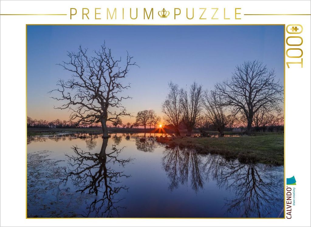 CALVENDO Puzzle Spiegelglatter Teich bei Sonnenuntergang im März | 1000 Teile Lege-Größe 64x48cm Foto-Puzzle für glückliche Stunden