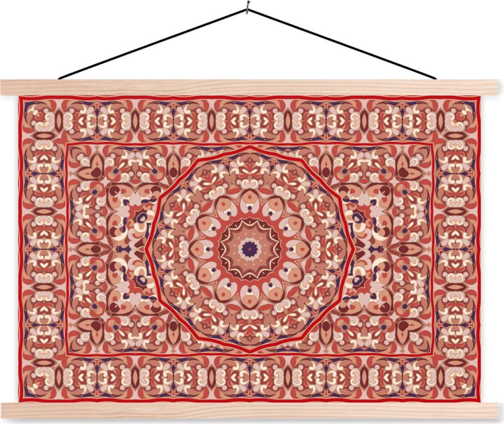MuchoWow Textilposter Teppich - Mandala - Muster - Rot 120x80 cm mit holzfarbenen Rahmen - Aufhängeset