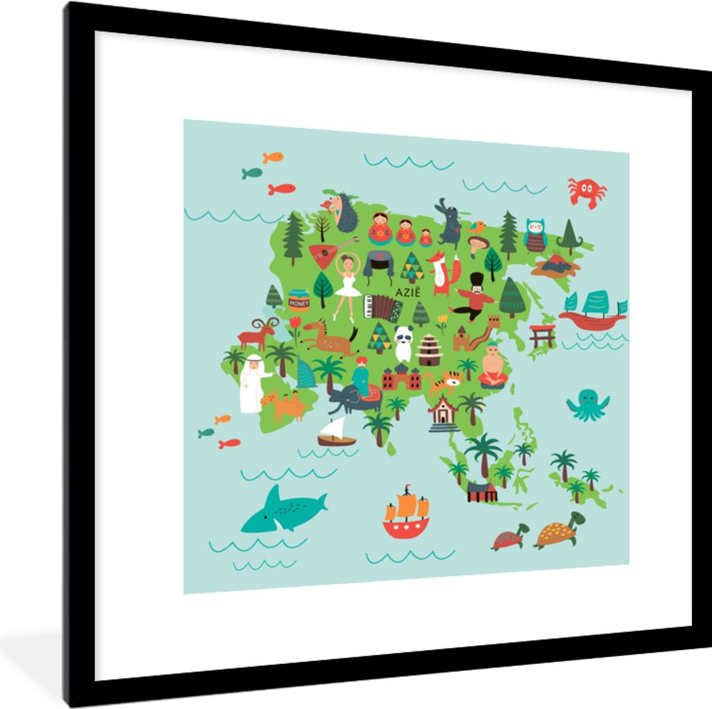 MuchoWow MuchoWow Gerahmtes Poster Weltkarte Kinder - Asien - Tiere 40x40 cm - Poster mit zchwarzem Bilderrahmen - Poster - Plakat im Rahmen