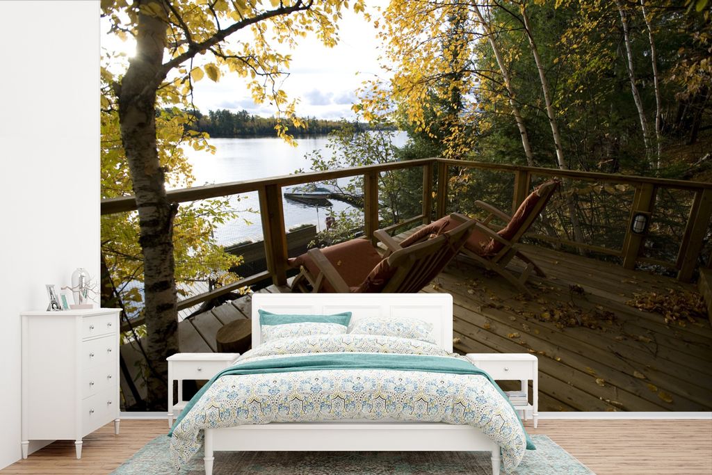 MuchoWow Fototapete für Wohnzimmer oder Schlafzimmer Wandtapete Vinyl Motivtapete Zwei Liegestühle auf der Terrasse eines Ferienhauses - 525x35...