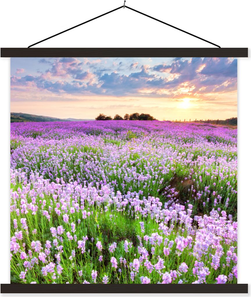 MuchoWow Textilposter Blumen - Lavendel - Lila - Himmel - Sonnenuntergang - Wiese - Natur 40x40 cm mit schwarzem Rahmen - Fotos