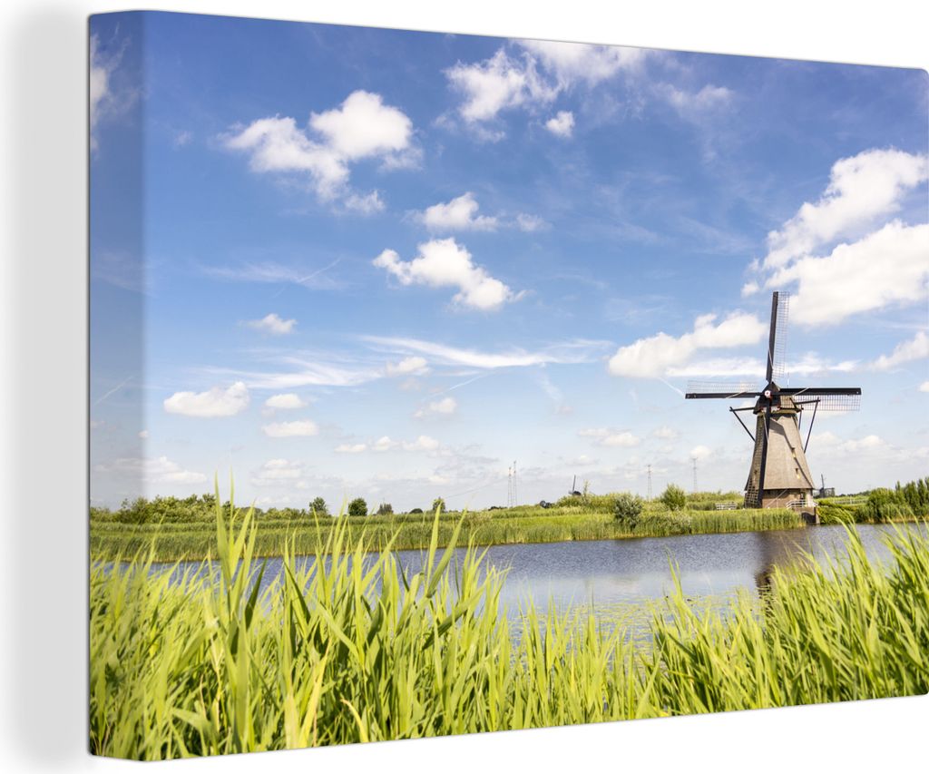 OneMillionCanvasses - Leinwandbilder - 140x90 cm, Holländische Windmühle in Kinderdijk, Wandbilder Kunstdruck Wanddekoration - Foto auf Leinwan...
