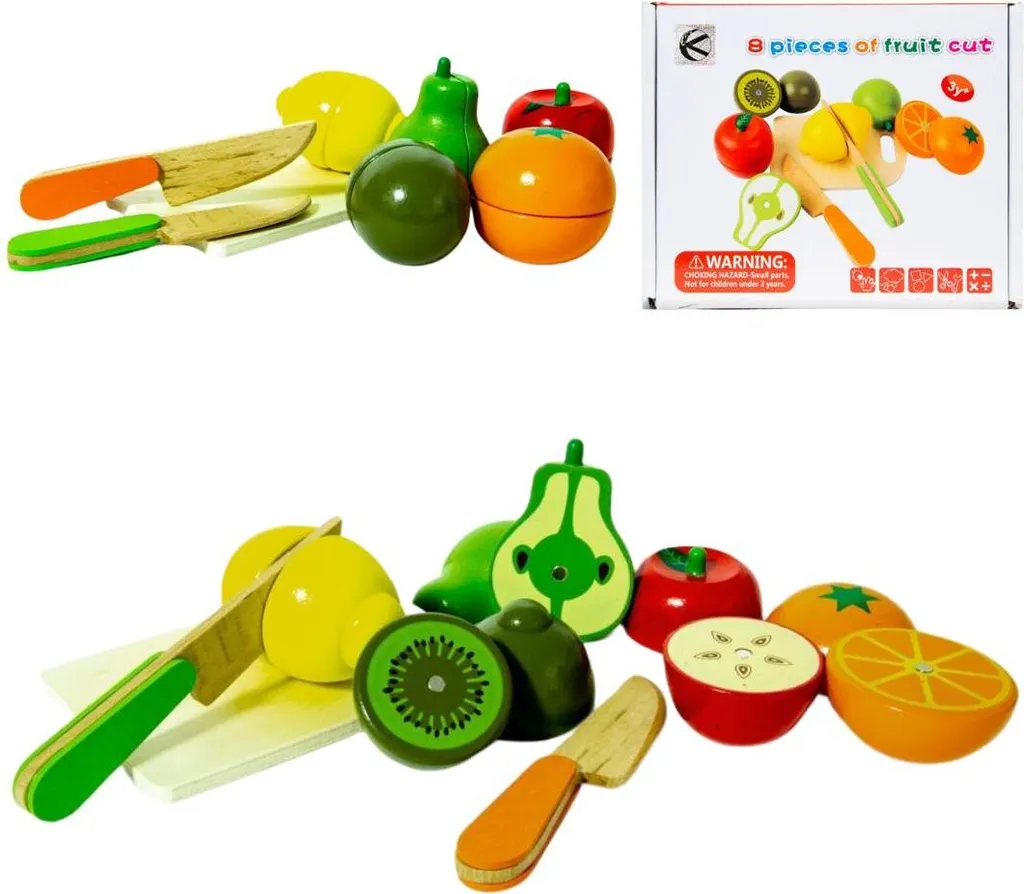 Fruits à découper en bois naturel avec planche et 2 couteaux inclus