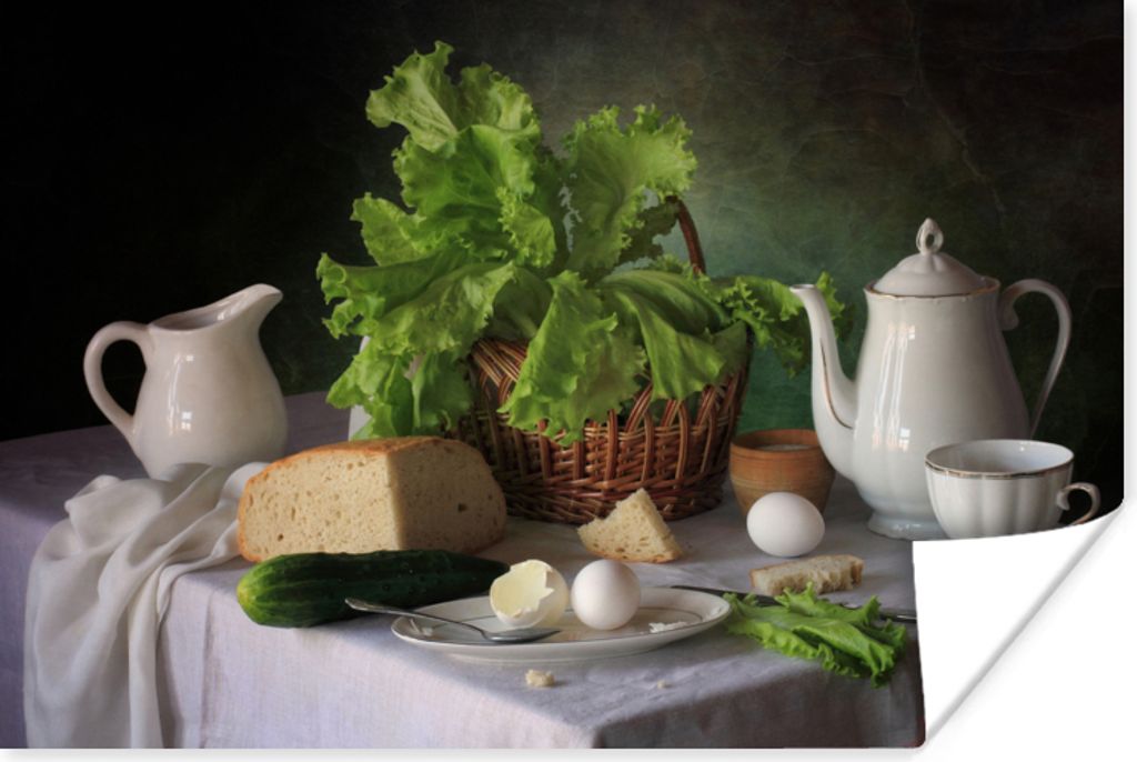MuchoWow Poster Stilleben - Lebensmittel - Teekanne - Käse - Krug - Salat - Eier 90x60 cm - Schlafzimmer