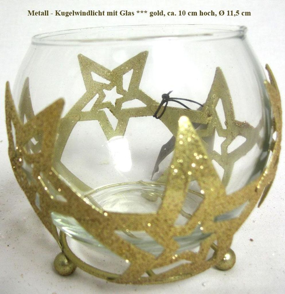 Metall-Kugelwindlicht mit Glas gold mit Sternenmotiv ca.10 cm hoch, Ø 11,5 cm