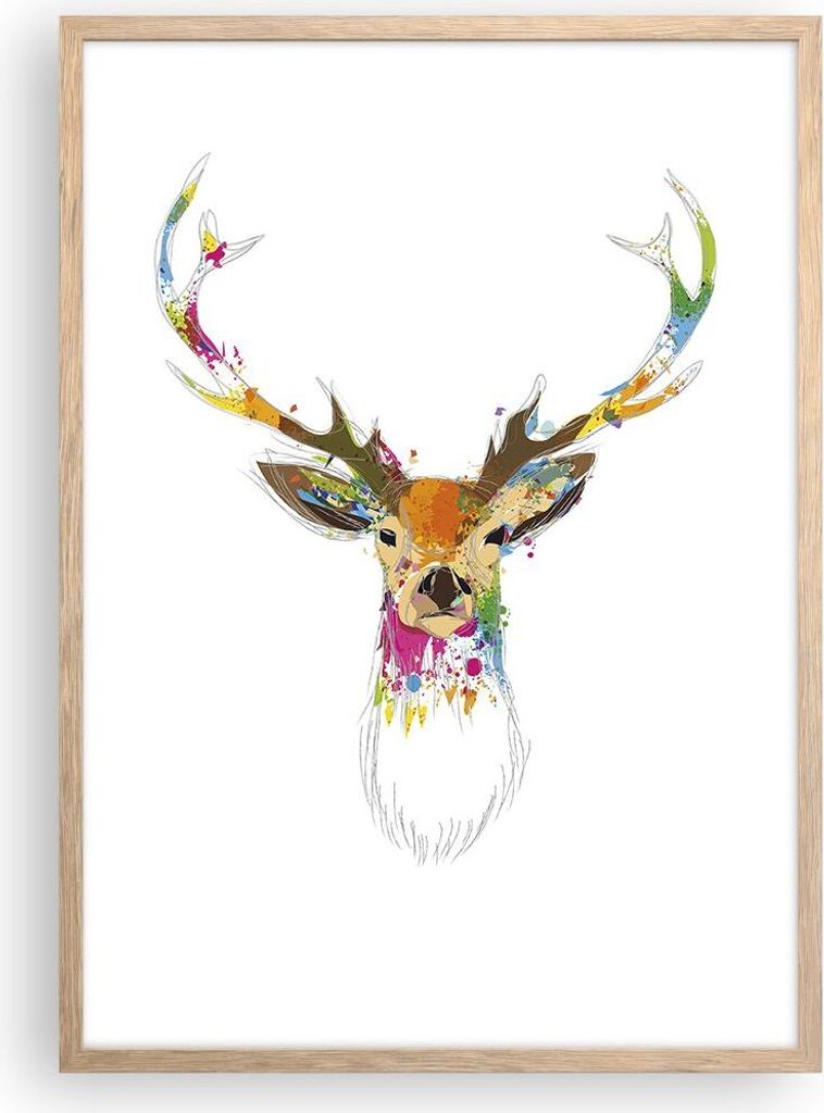 Gerahmtes Poster - Rahmen in heller Eiche - Deer fantasie Graffiti Grafik - 50x70 cm - Wand Bild - Wanddeko - Wandbilder - Wandposter - Bilderrahme...