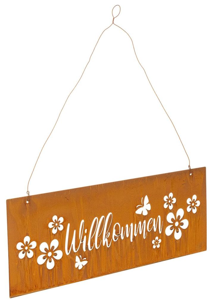 Willkommensschild aus Metall mit Blumen und Schmetterlingen