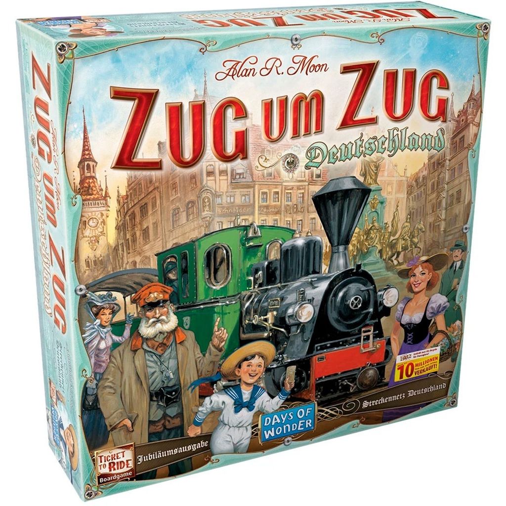 A board game box for "Zug um Zug Deutschland" featuring a steam train and people in historical attire.