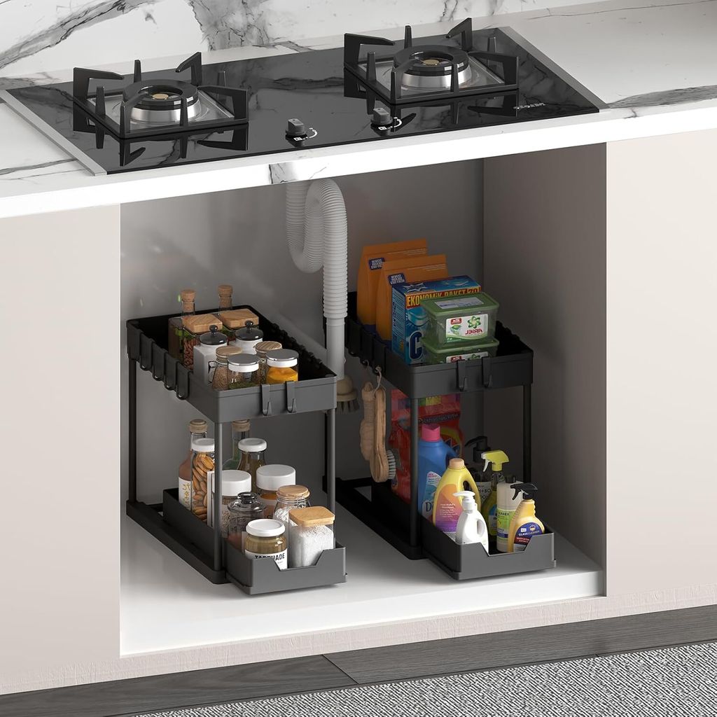 2-stöckiger Badezimmer-Organizer Aus Holz & Metall – 34x18 Cm Tablett, Schwarz, Für Arbeitsplatte & Küche