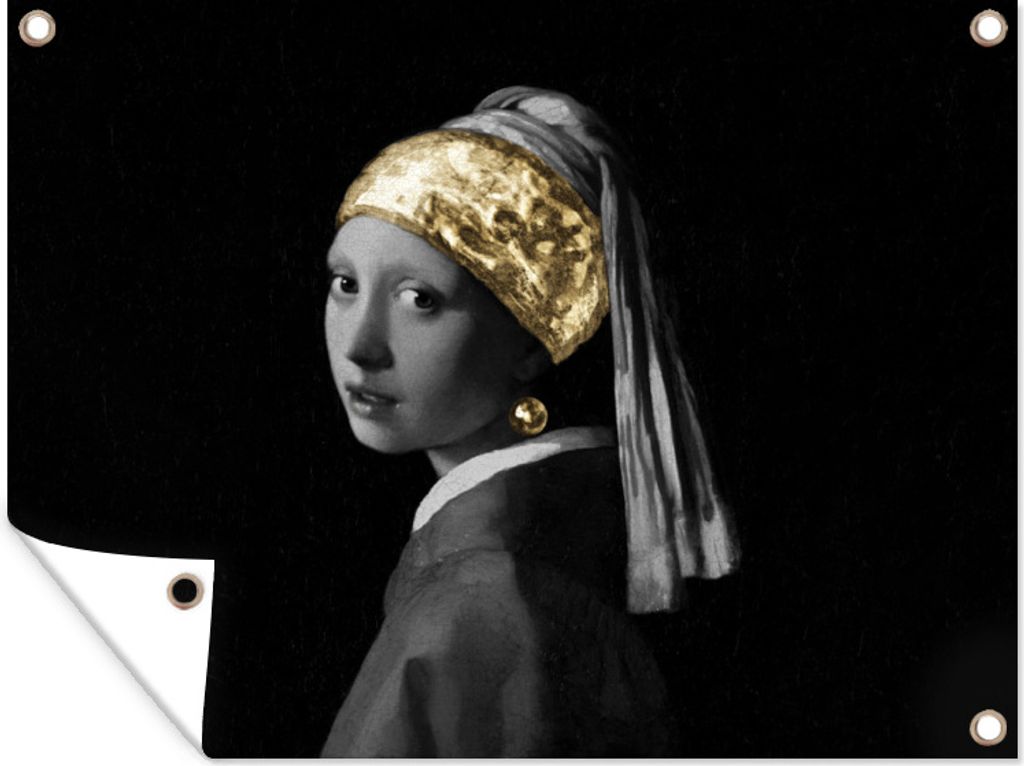 MuchoWow 80x60 cm Outdoor-Poster Gartendeko Sichtschutz Garten Poster für den Garten Mädchen mit Perlenohrring - Vermeer - Stirnband - Gold