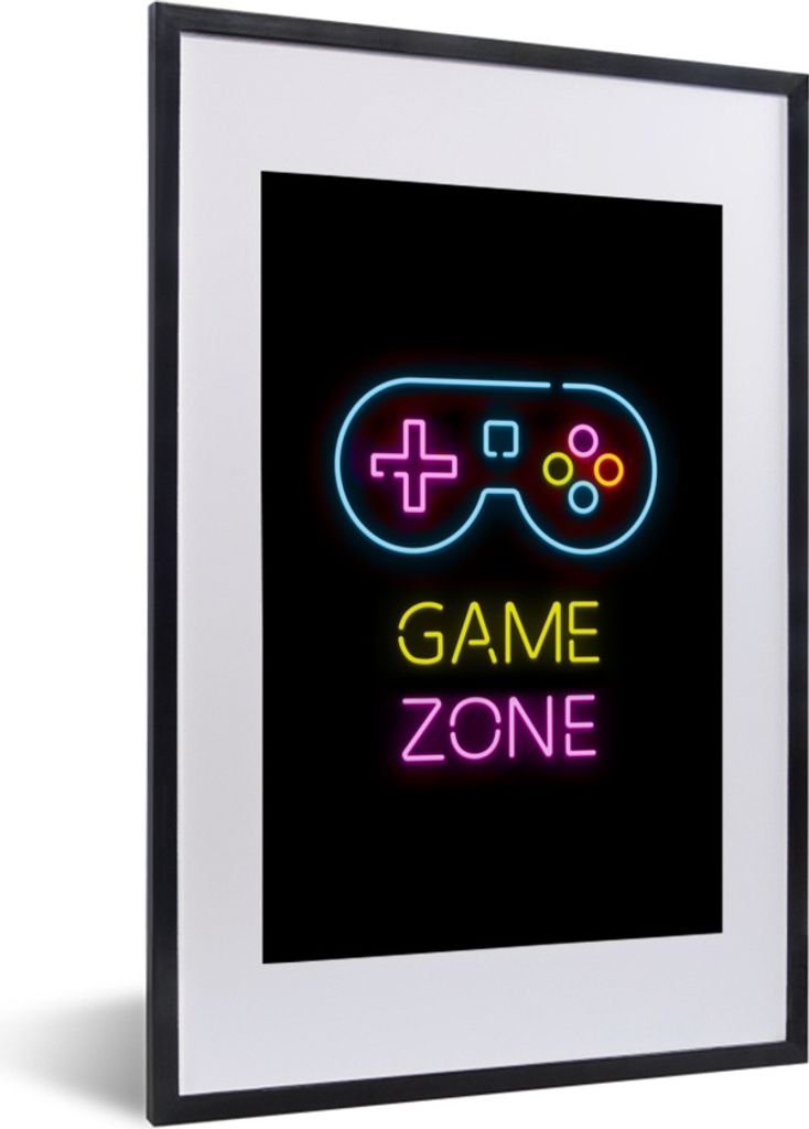 MuchoWow Gerahmtes Poster Controller - Spiel - Neon - Schwarz - Zitate - Spielzone 40x60 cm - Poster mit Schwarzem Bilderrahmen Wandposter Rahmen...