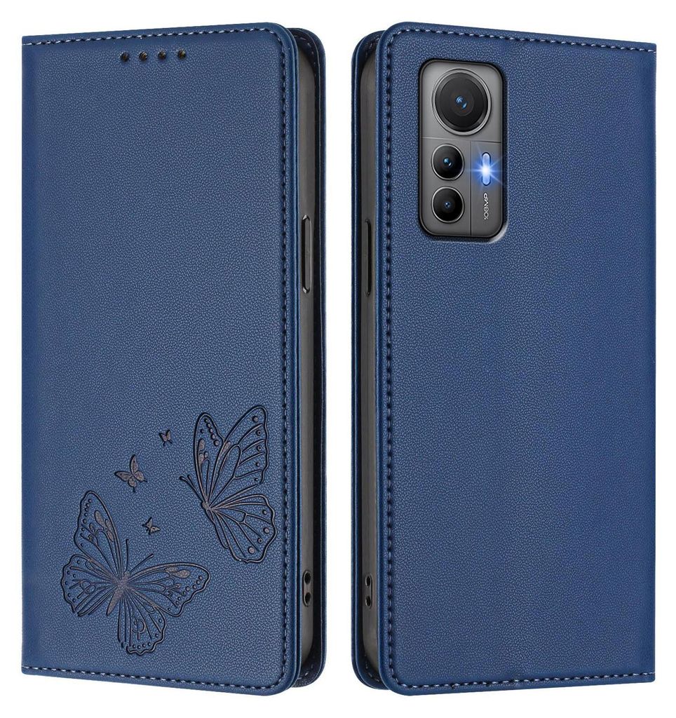 Lederhülle für Xiaomi 12 Lite, Schmetterling Prägung Leder Brieftasche Schutzhülle mit Ständer Dunkelblau