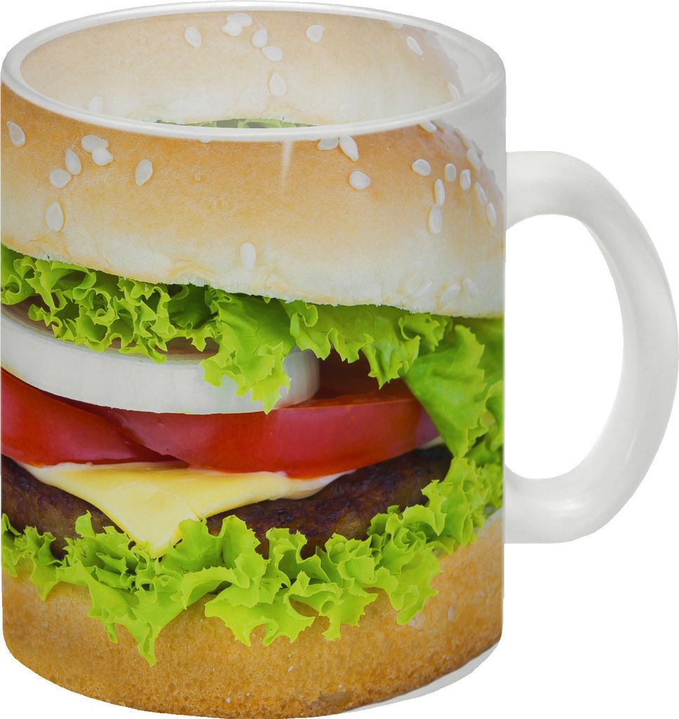 Glas Tasse mit Cheeseburger Motiv