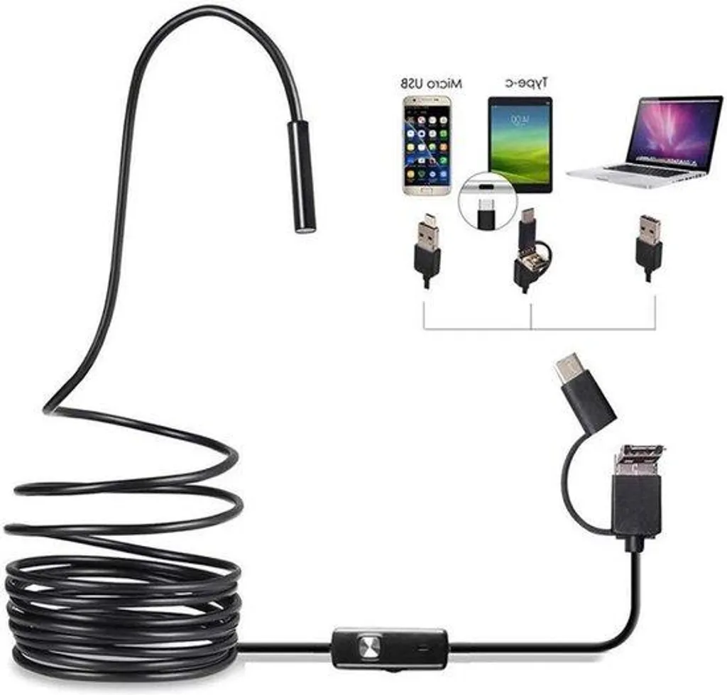 Endoscope étanche à 6 LED réglables avec lentille 7mm et ports USB-C