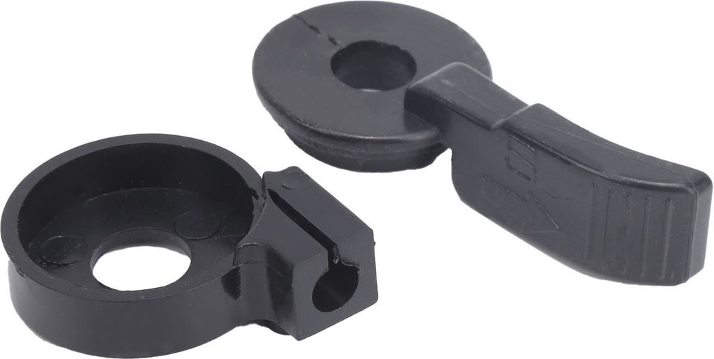 Two black plastic throttle lever components are shown against a white background.