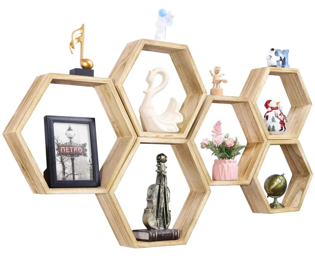 Étagères murales hexagonales style cottage, lot de 6 en bois alvéolé DIY