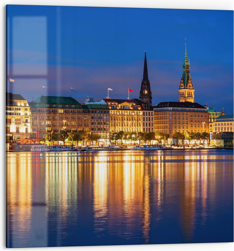 DEQORI Küchenrückwand Glas 60x60 cm 'Hamburg bei Nacht' Spritzschutz Bad Rückwand Küche