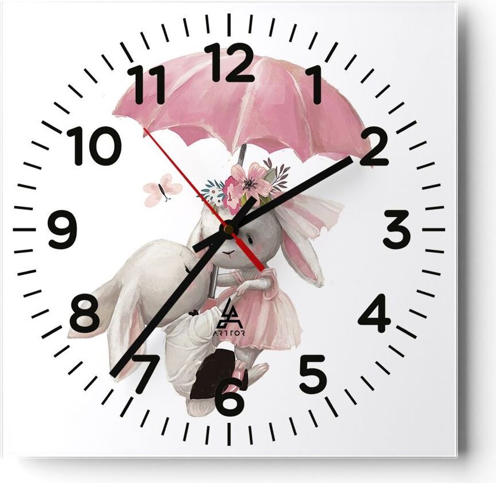 Wanduhr - Quadrat - Glasuhr - Hasen Regenschirm Kinder - 30x30cm - Schleichendes Uhrwerk - Lautlos - zum Aufhängen bereit - Dekoration Modern - Wa...