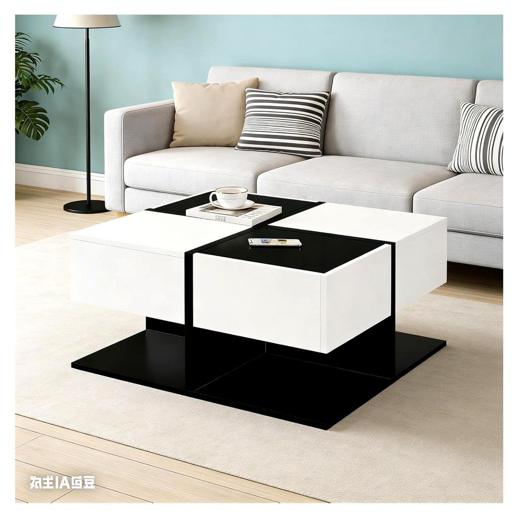 Schwarz-weißer quadratischer Couchtisch, 70 × 70 × 35,5 cm, mit zwei Schubladen