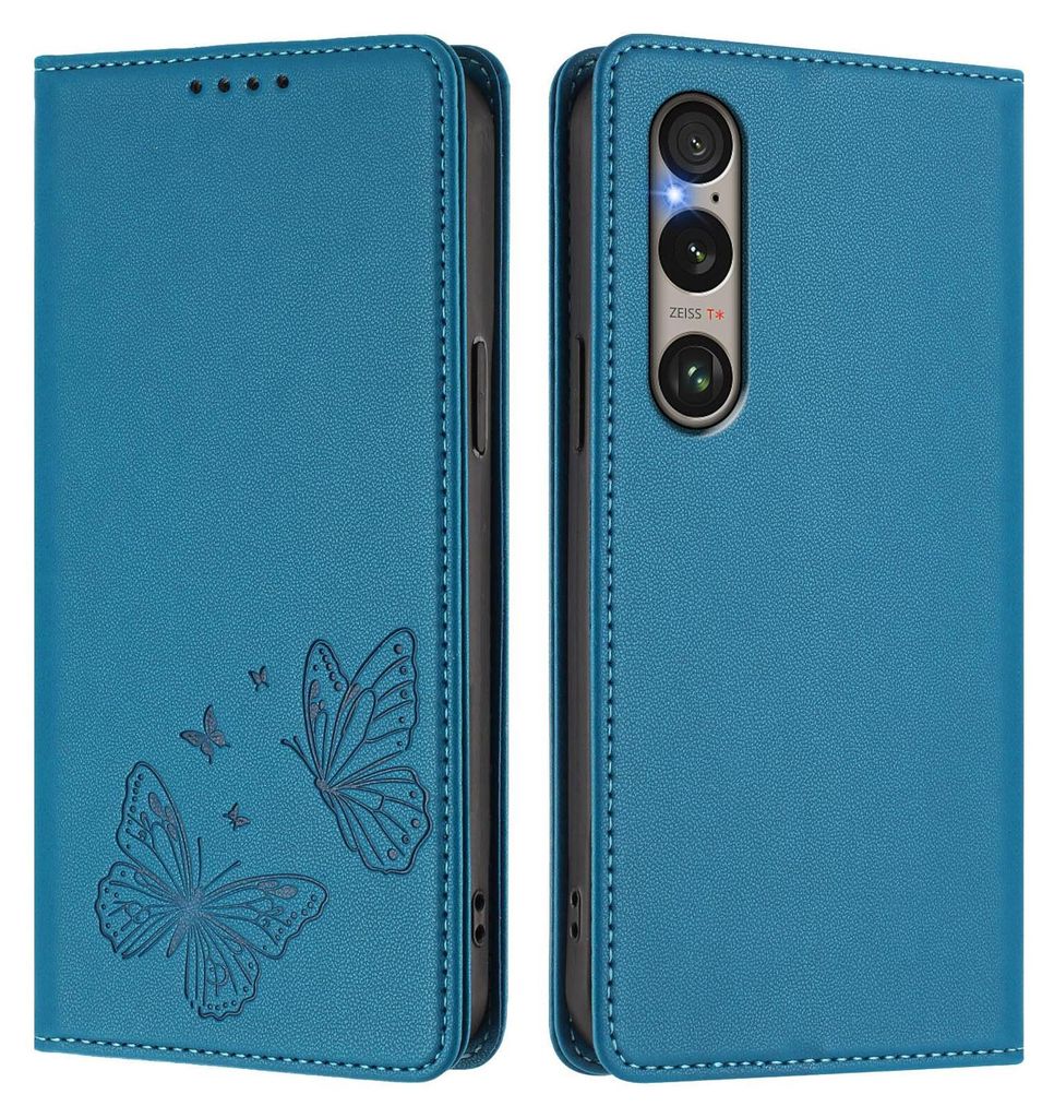 Lederhülle für Sony Xperia 1 VI, Schmetterling Prägung Leder Brieftasche Schutzhülle mit Ständer Blau