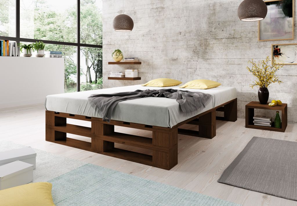 Lermowood Palettenbett M2 160 x 200 cm Palisander Holzbett Massivholzbett Bett aus Paletten Seniorenbett Kinderbett Jugendbett