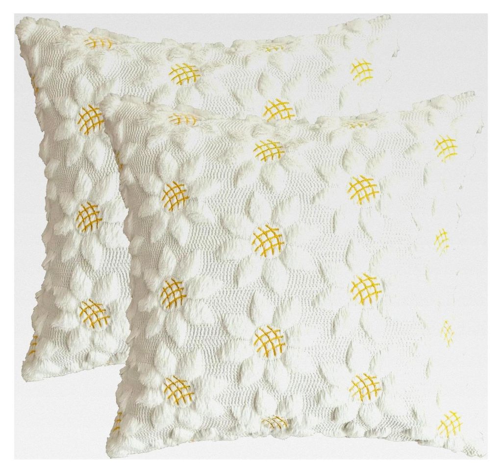 Cremeweiße Sonnenblumen Weiche Künstliche Pelz Jacquard Kissenbezüge 2er Set, 45x45 cm Plüsch Samt Sofakissen Zierkissenbezug Deko