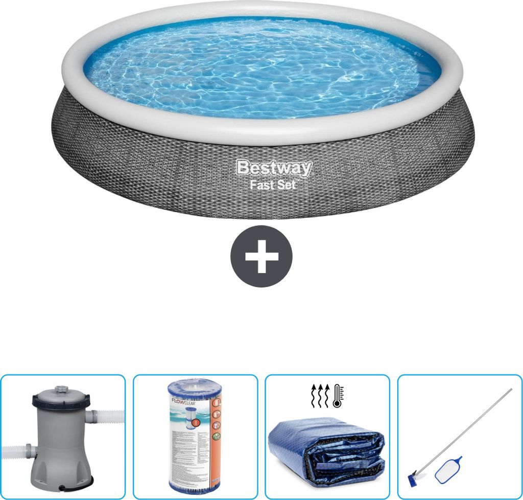 Bestway runder aufblasbarer Fast-Set-Pool – Rattan-Druck – 396 x 84 cm – inklusive Pumpe Filter - Sonnensegel - Reinigungskit