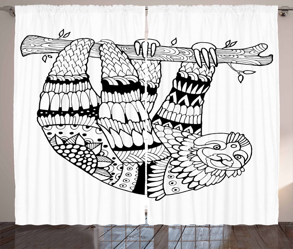 ABAKUHAUS Faultier Rustikaler Vorhang, Faultier, Wohnzimmer Universalband Gardinen mit Schlaufen und Haken, 280 x 175 cm, Weiß Schwarz