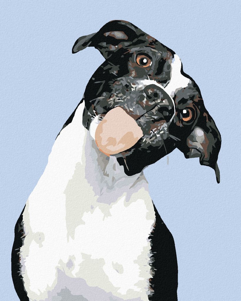 Diamondi - Diamond painting - SCHWARZWEIßER HUND MIT HERAUSGESTRECKTER ZUNGE, 40X50 cm, mit Keilrahmen (bereits gespannt)
