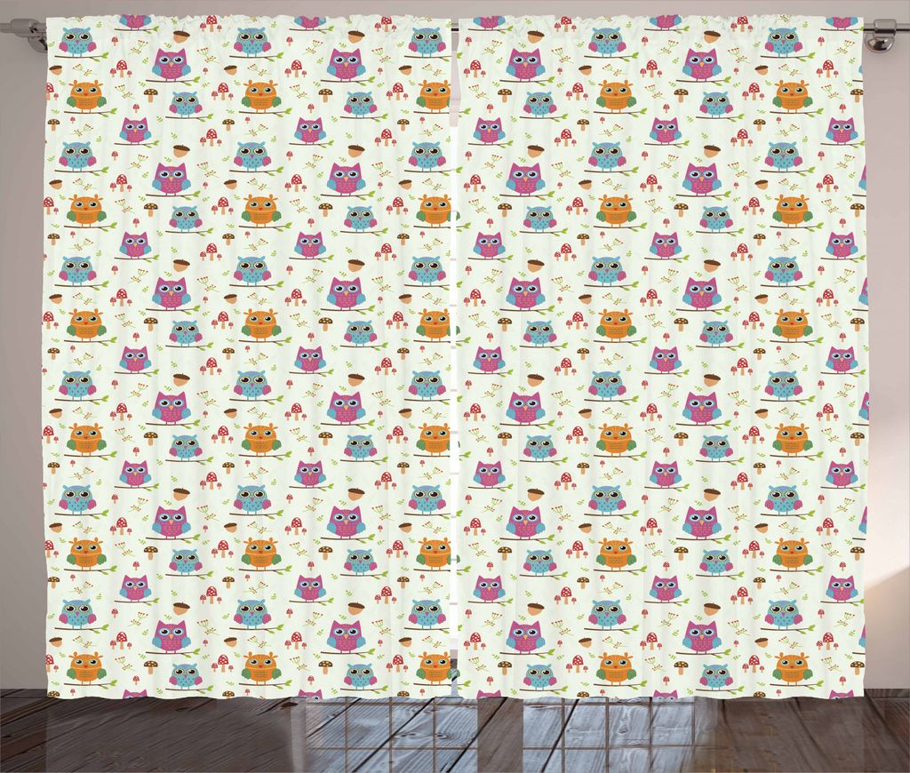 ABAKUHAUS Eulen Rustikaler Vorhang, Vögel Wald Element, Wohnzimmer Universalband Gardinen mit Schlaufen und Haken, 280 x 245 cm, Mehrfarbig