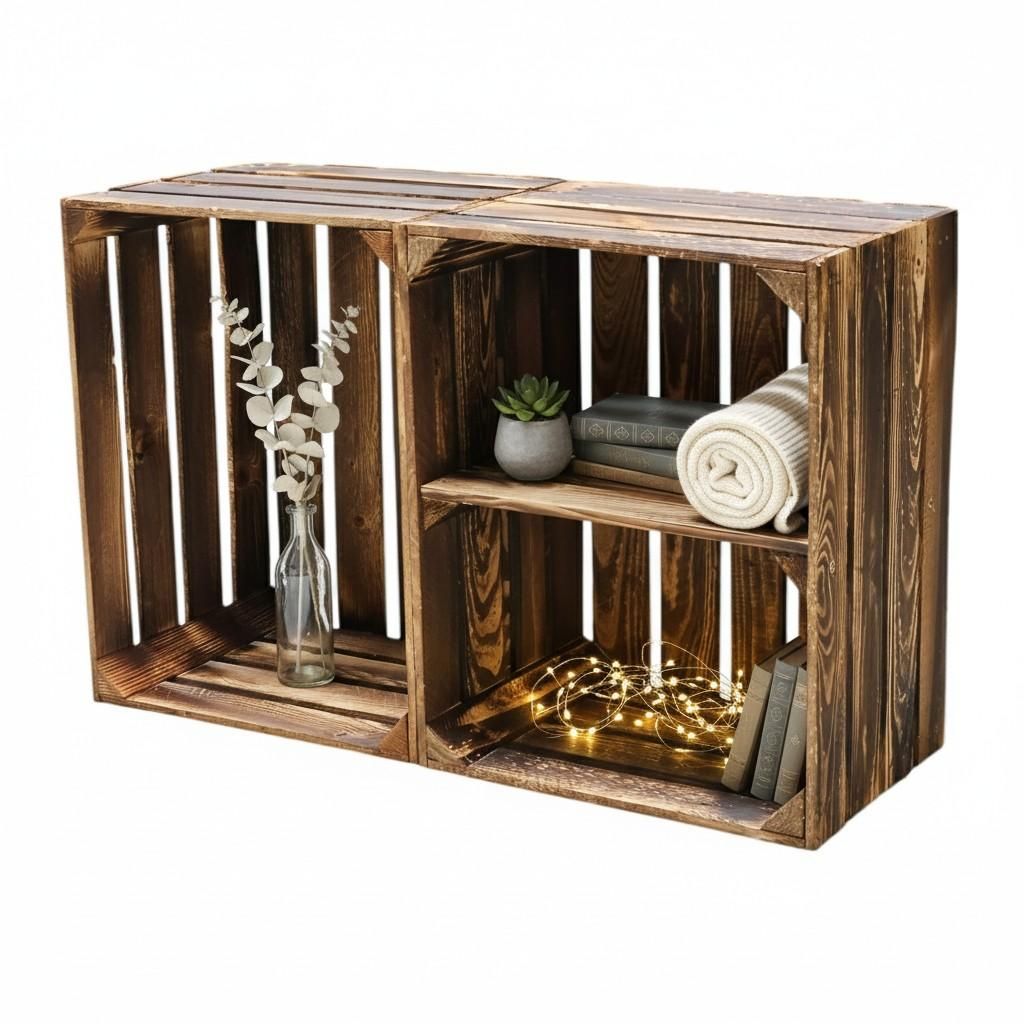 Two wooden crates are placed side-by-side, one with a shelf, displaying decorative items.