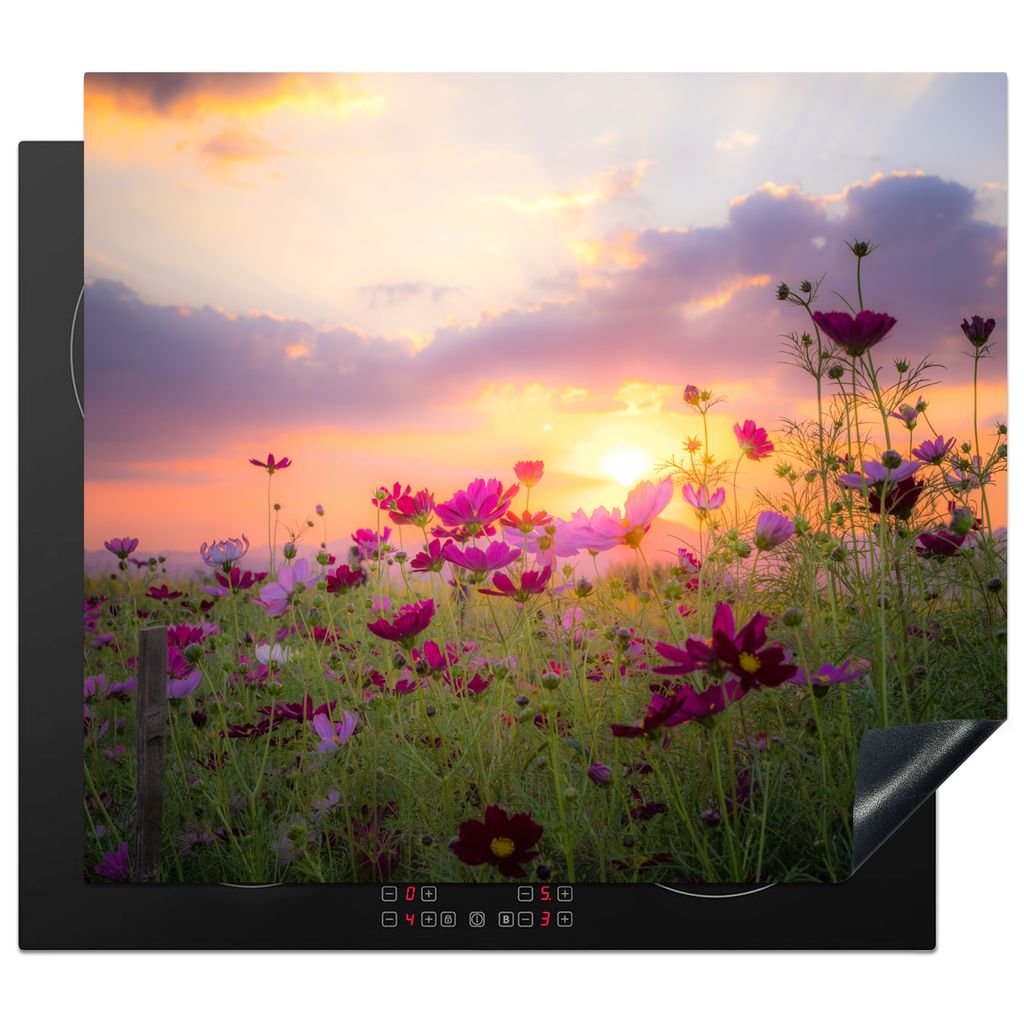 KitchenYeah Herdabdeckplatte Blumen - Rosa - Sonnenuntergang - Natur - Wiese - Horizont , 57x51cm, Küche Deko, Glaskeramikkochfeld Herdabdeckung...