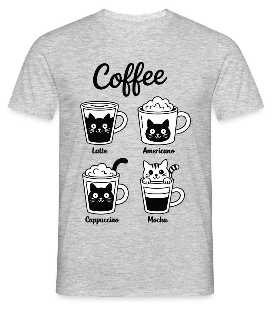 Spreadshirt Coffee Katzen | Latte Americano Cappuccino Mocha Männer T-Shirt, 3XL, Grau meliert
