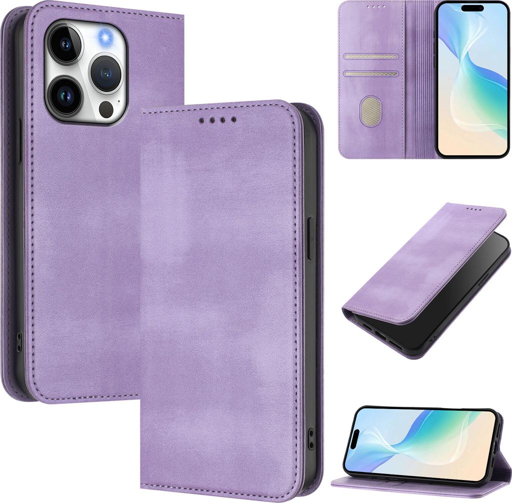 Handyhülle für iPhone 16 Pro, Vintage Leder RFID Schutz Kartenfach Standfunktion Magnetische Klapphülle Violett
