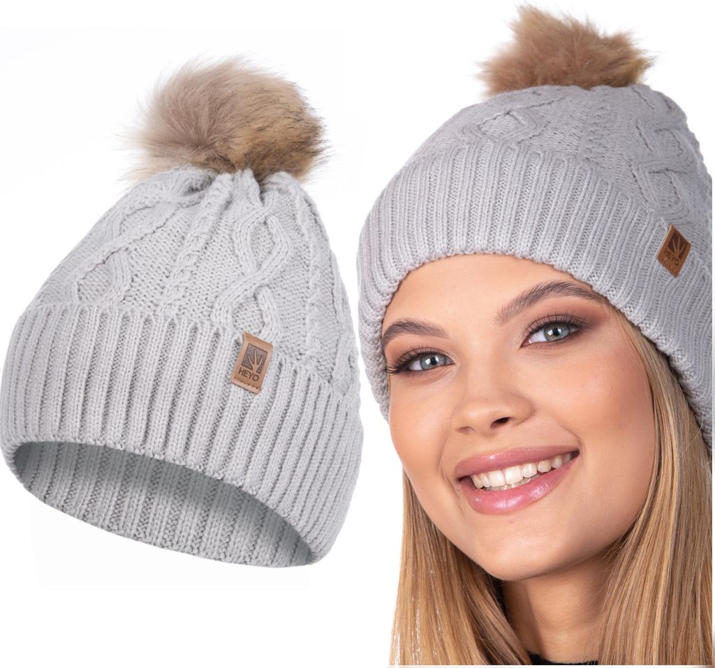Damen Mütze Weiche Wintermütze mit Kunstfellbommel Leichte Bommelmütze Beanie Strickmütze gefüttert Mädels Grau