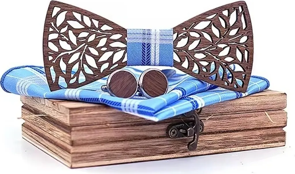 Set Papillon Legno Uomo Blu KP30912 - Accessorio Sposo e Testimone