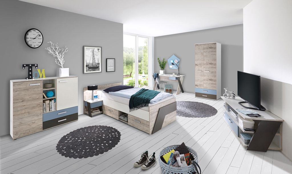 Jugendzimmer Set mit Bett 90x200 cm 6-teilig mit Kleiderschrank LEEDS-10 in Sandeiche Nb. mit weiß, Lava und Denim Blau