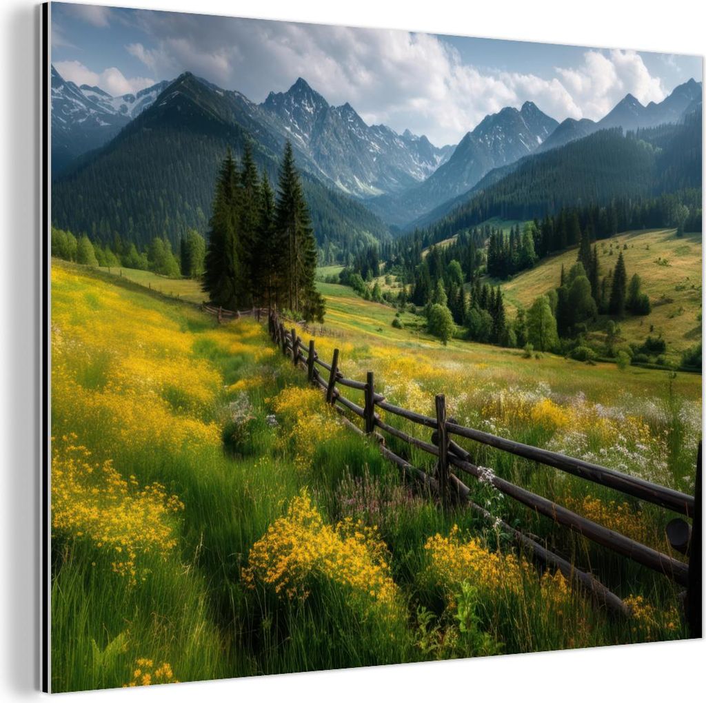 MuchoWow Wanddekoration Metall Metallbild Wandkunst 40x30 cm Feld - Zaun - Berge - Blumen MuchoWow Aluminium Gemälde - Dekoration Wohnzimmer