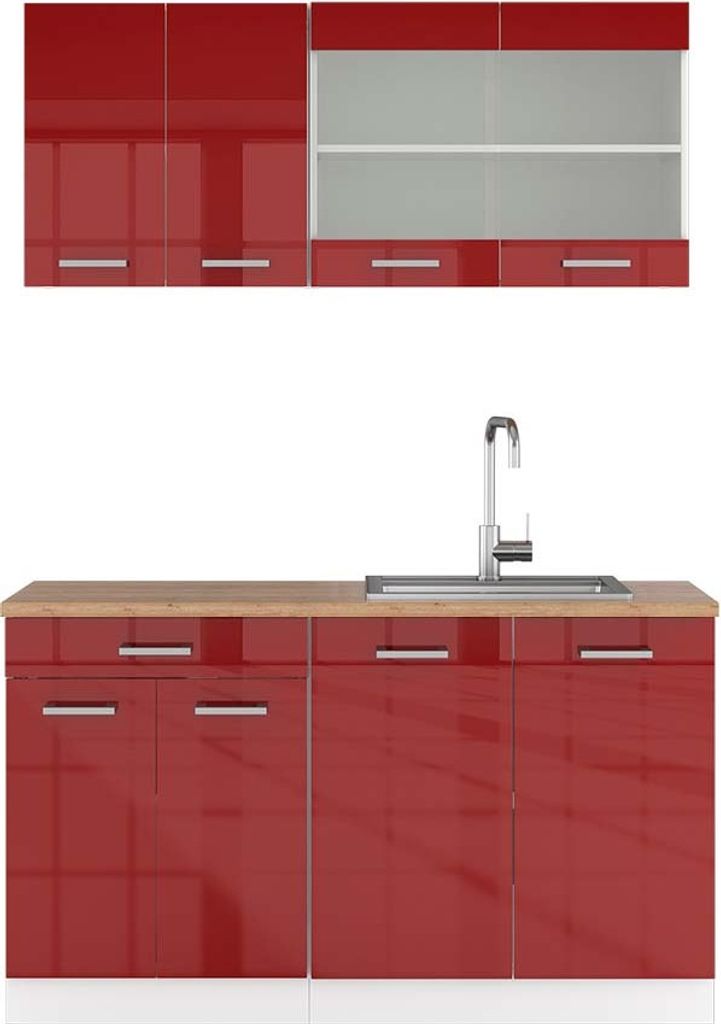 Küchenzeile Vicco R-Line Rot Hochglanz 140 cm , AP Eiche, Produktbild 