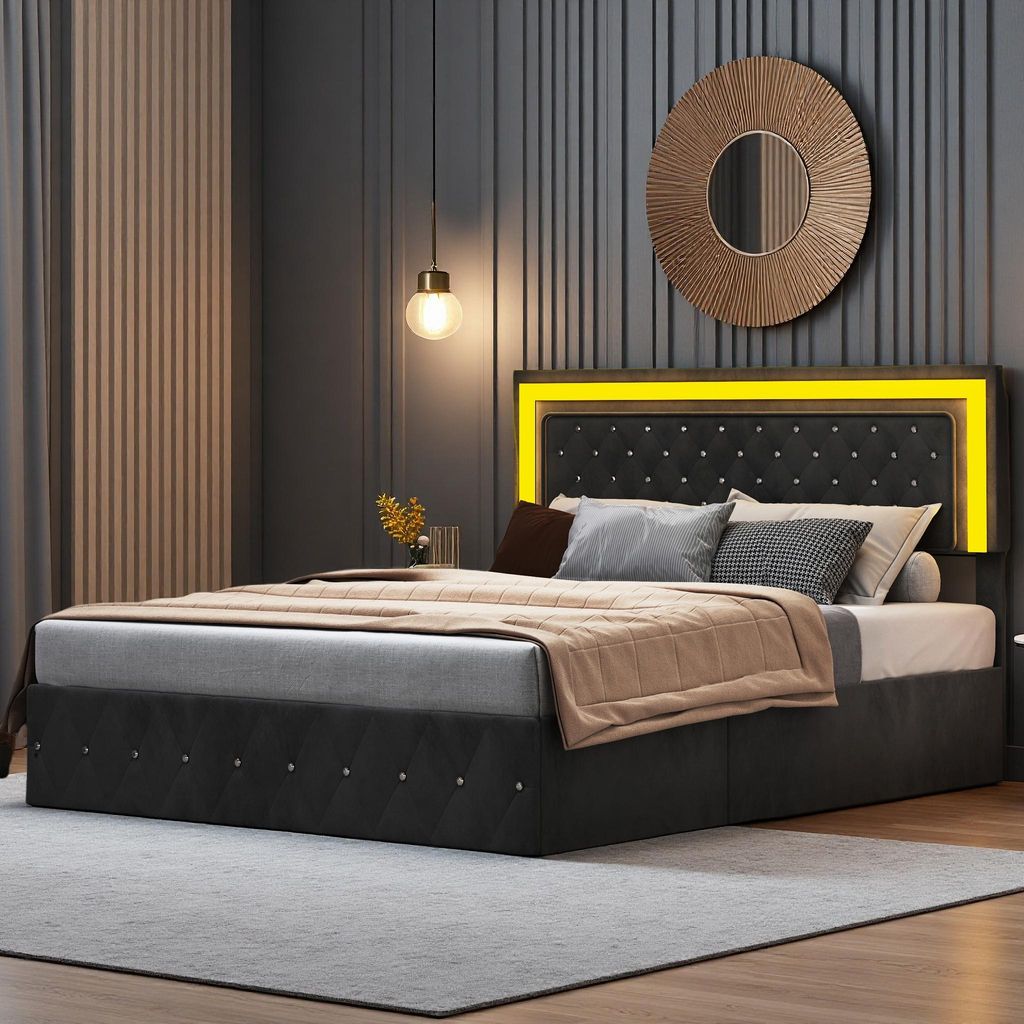 UnboxG Polsterbett 180x200 cm, Doppelbettgestell, Hydraulisch Bettgestell mit Stauraum, Bett 160x200 mit LED-Beleuchtung und Ladestation, Samt, Sch...