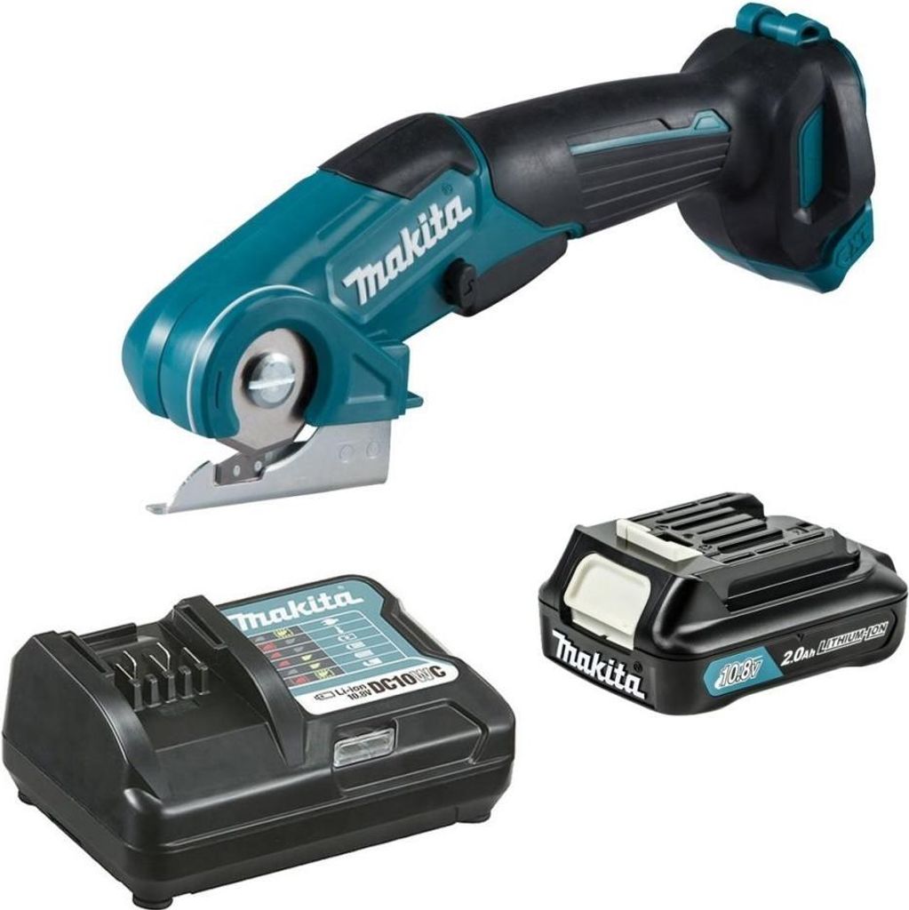 A cordless universal shear, battery, and charger are displayed against a white background.
