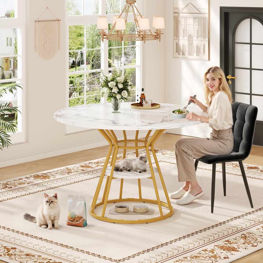 Runder Esstisch in Marmor-Optik – Moderner Küchentisch mit Metallbeinen, Design Frühstückstisch, Gold & Schwarz