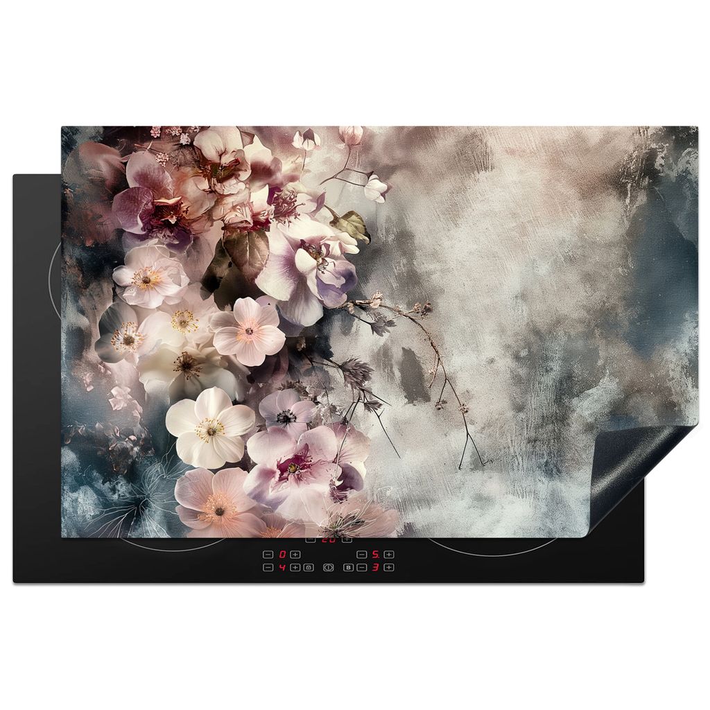 KitchenYeah Herdabdeckplatte Blumen - Rosa - Nebel , 81x52cm, Küche Deko, Glaskeramikkochfeld Herdabdeckung, Abdeckplatte fùr Kochfeld