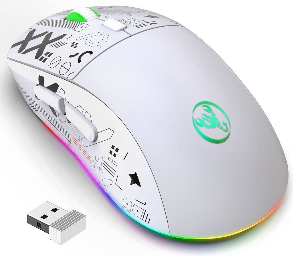 A white gaming mouse with RGB lighting and decorative graphics, shown with a USB receiver.