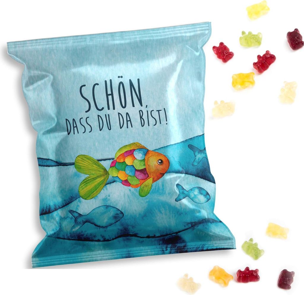 Logbuch-Verlag 10 kleine Gastgeschenke - Fruchtgummi Tütchen türkis bunt mit REGENBOGENFISCH - Tischdeko Give-Away Kommunion25 Stück