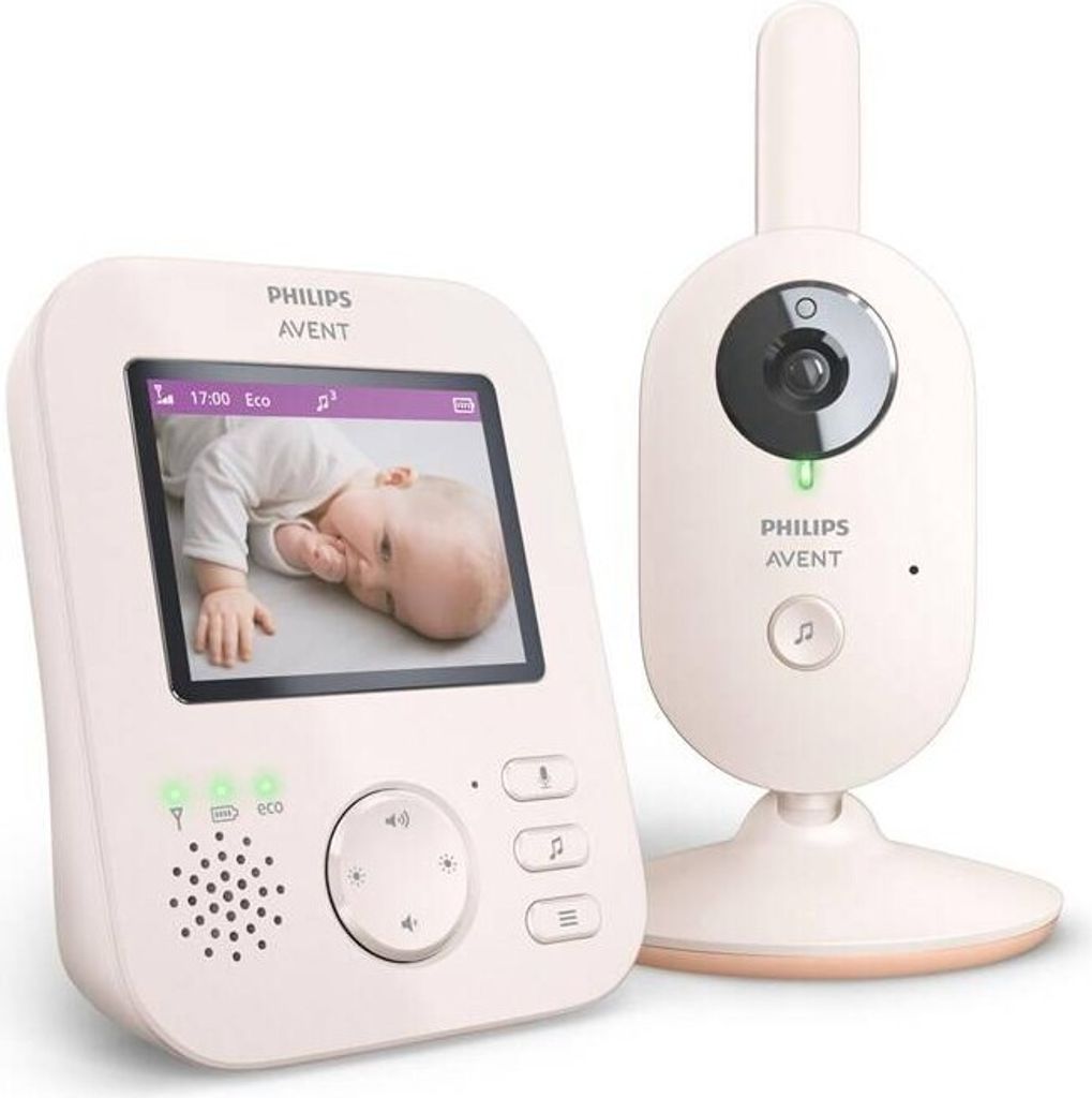 A Philips Avent baby monitor set, consisting of a parent unit with a screen displaying a baby and a camera unit.