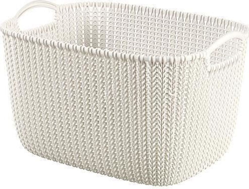 A white woven-style storage basket with handles, shown against a white background.